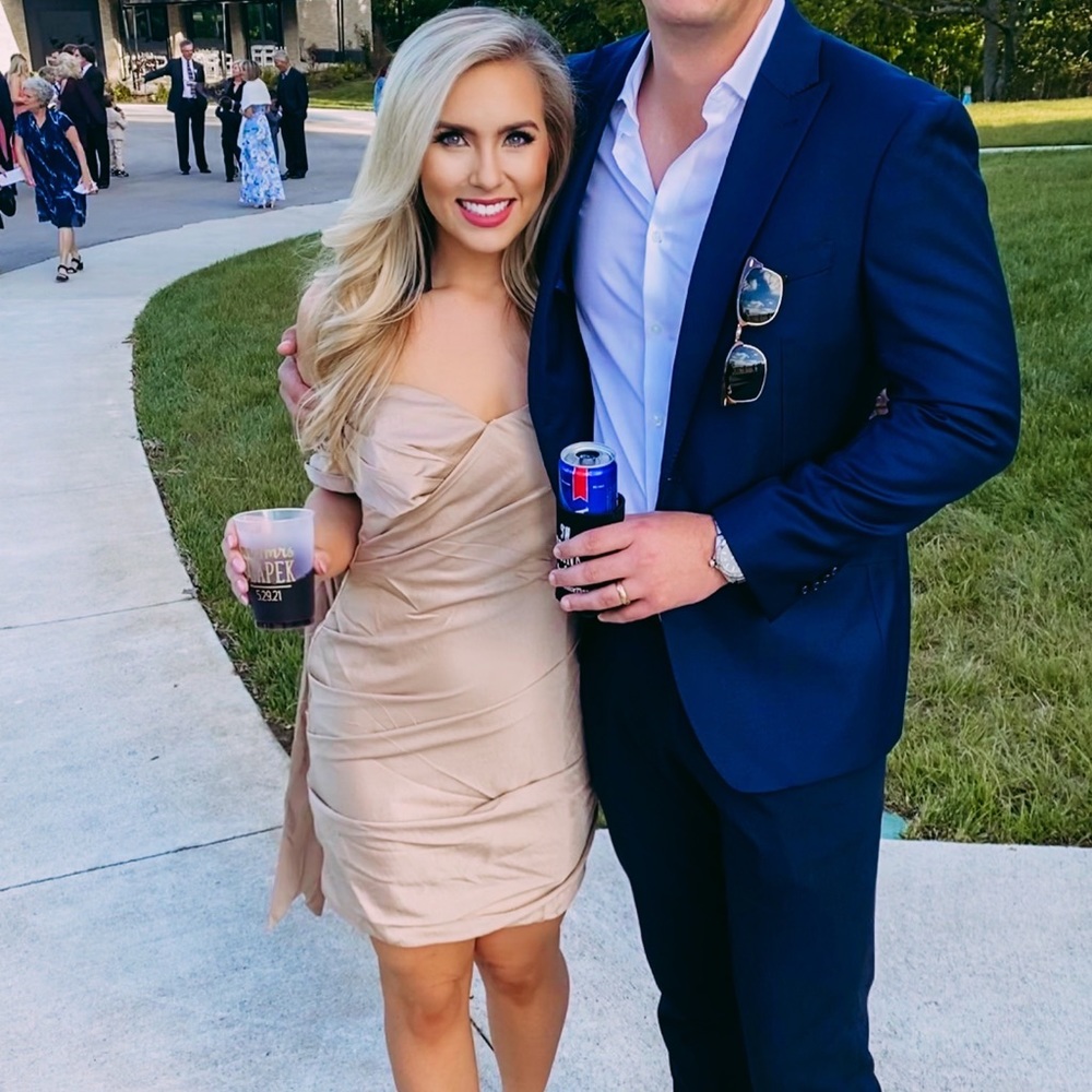 Champagne colored satin cocktail dress.